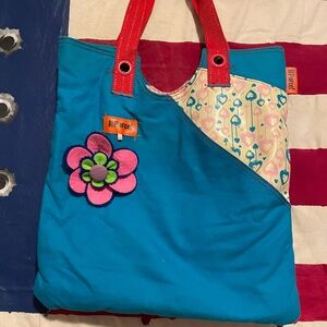 Turquoise Floral Accent Tote with Pink Flower by illPrarcel